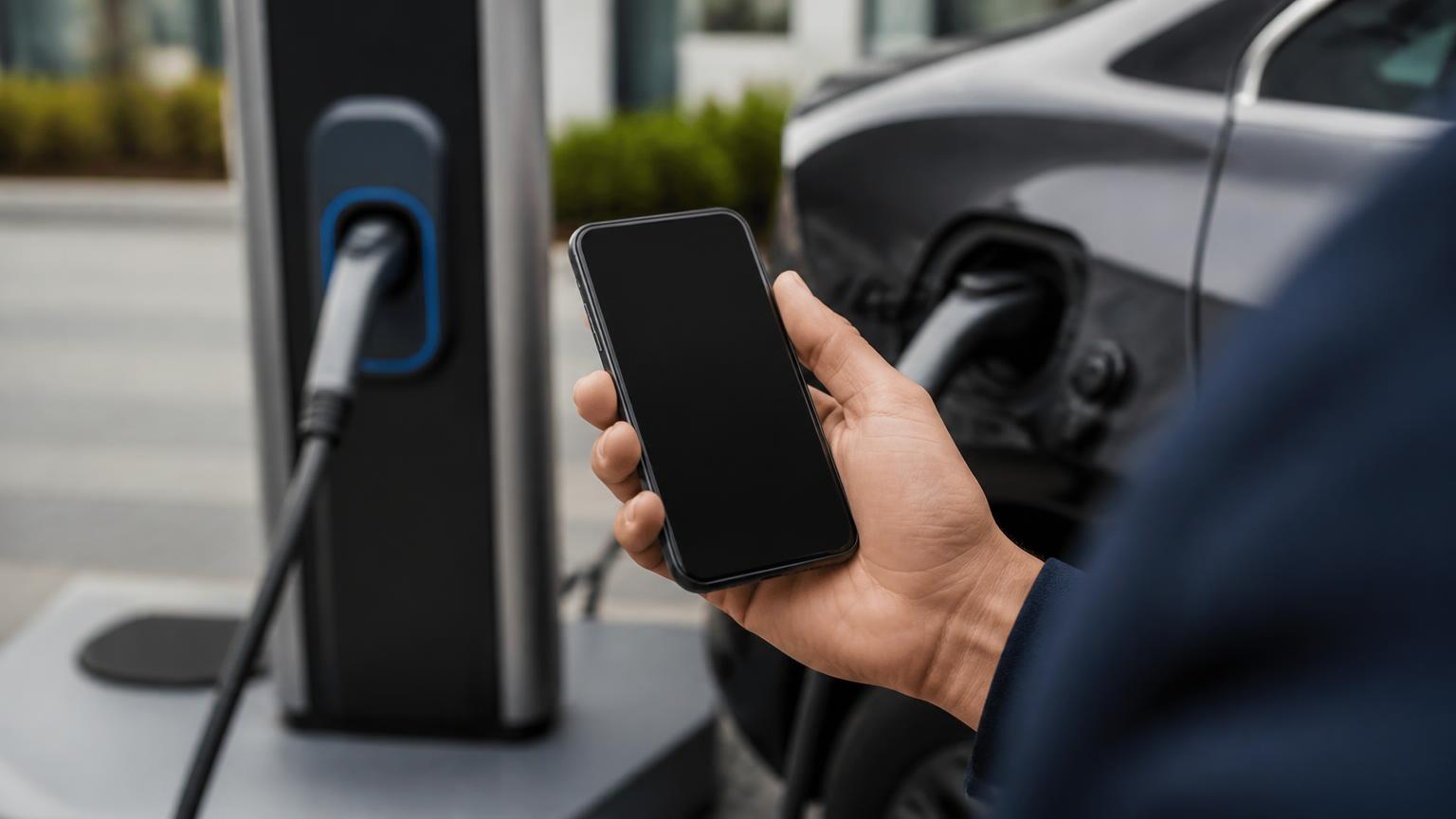 Bestuurder start een laadsessie met de app naast een laadpaal