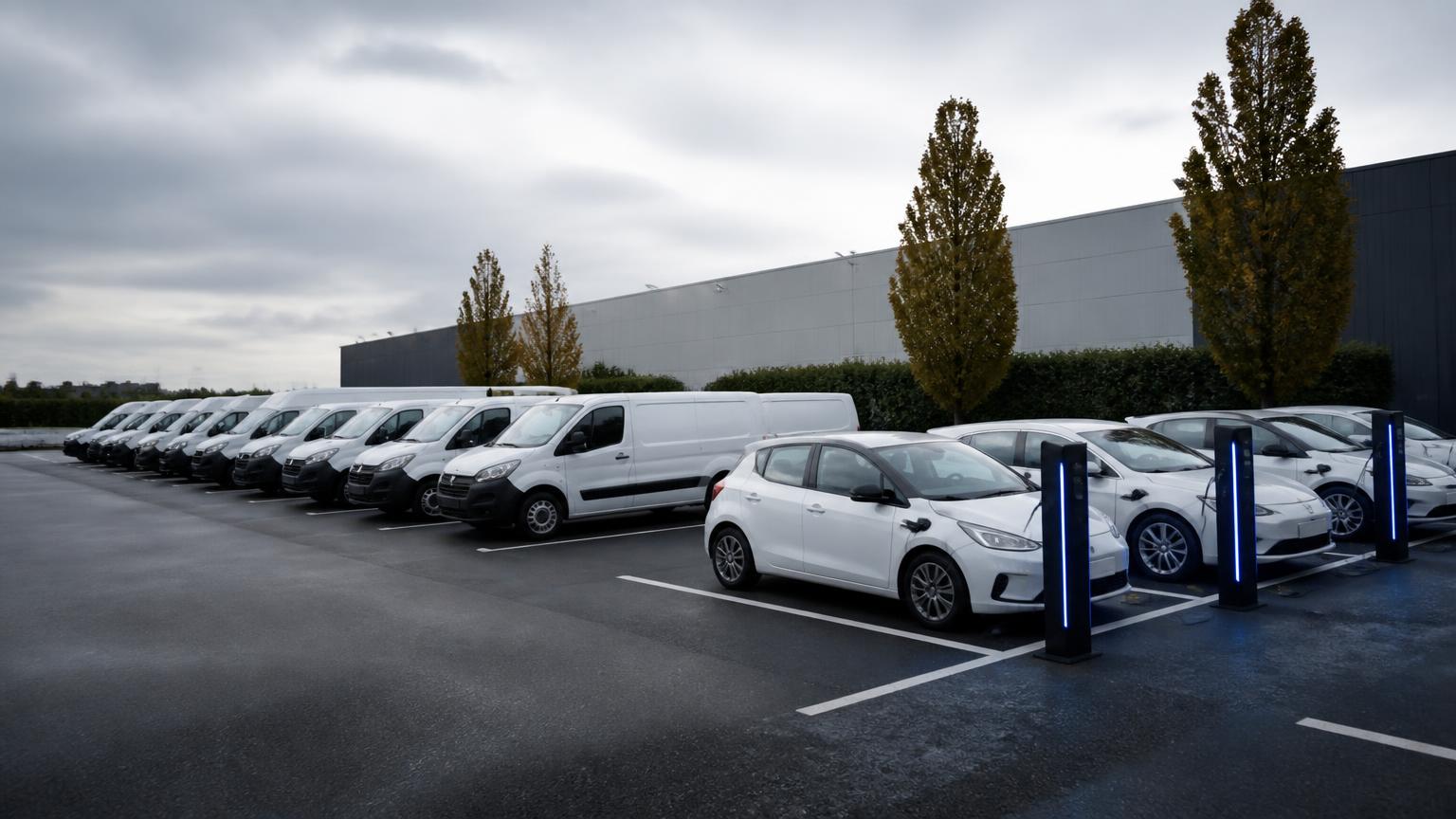Bedrijfswagens en bestelwagens op de parking, met laadpalen