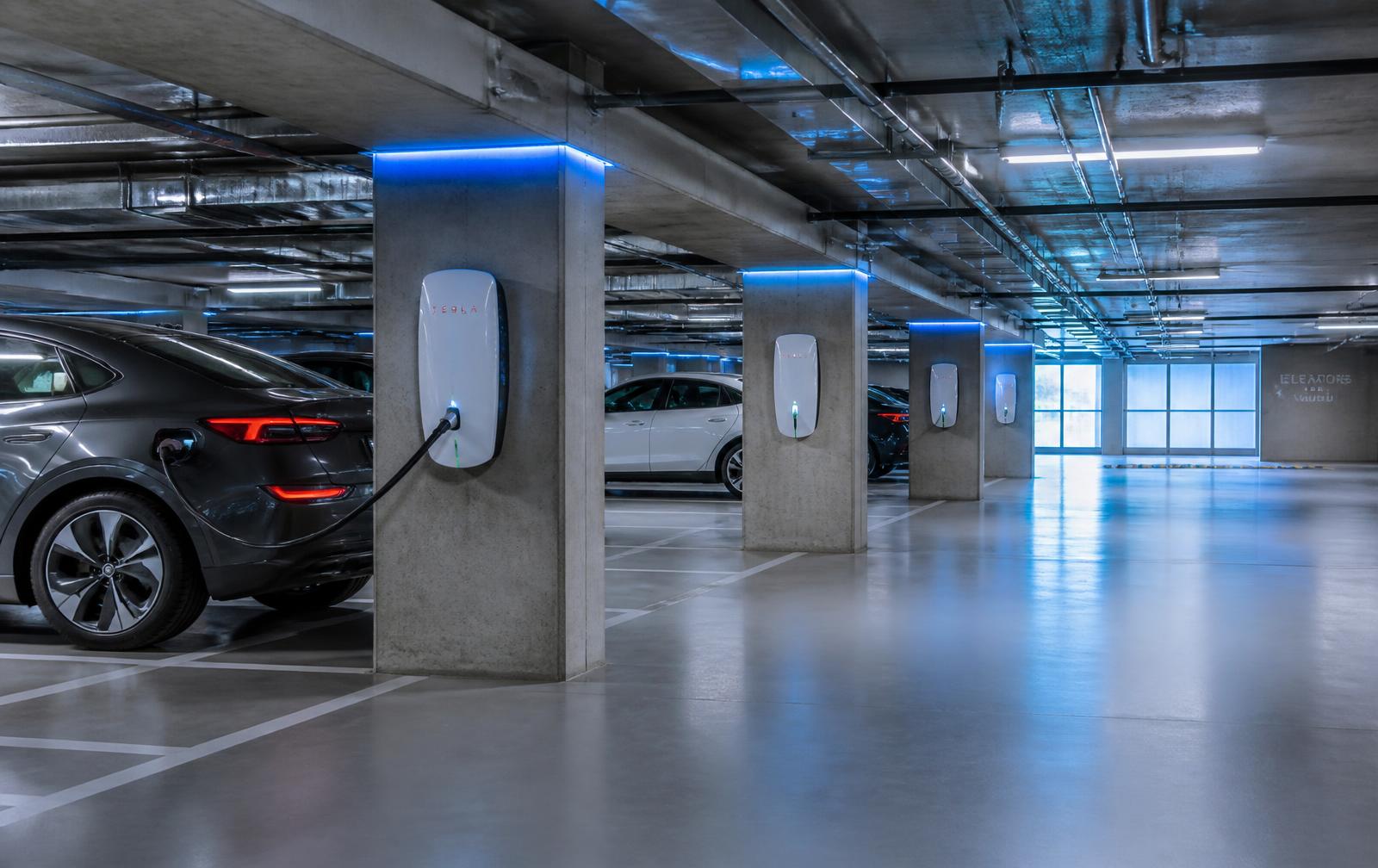 Bedrijfsparking met laadpalen en elektrische wagens